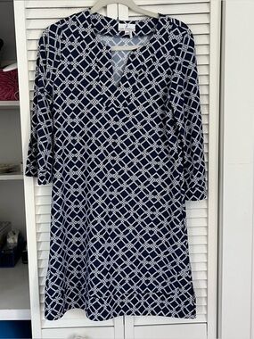 Jude Connally Navy and White Geometric 3/4 -Sleeve Shift Dress Sz Medium